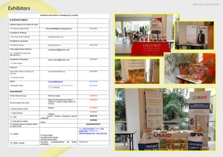 Maputo Conference
Conferência sobre Ciência e Tecnologia para o amanhã
EXPOSITORES
Instituto Superior de Ciências de saúde
1.Dr. Messias Andre Zimila Messzimila84lightwork@gmail.com 824164632
Faculdade de Medicina
2. Dra Graça Salome Maunda Maunda5@yahoo.com
Faculdade de Agronomia
3.Dr Higimo Tamele htamele@uem.mz 828258230
Universidade Wutivi (ISTEG)
4.Sr. NORDINO MARTINHO
MUAIEVELA
muaievela@gmail.com
Faculdade de Engenharia
5. Sr Silas Nequice
Uem.neen@gmail.com 824266895
Empresas
Gain Global Alliance for Improved
Nutrition
6. Sr Rafael Nzucule
rnzucule@gainhealth.org 827947982
AIESEC
7.Rui António Correia
rui1.correia@aiesec.net
Director of Non-Corporate Relations And
GCDP for the term
82.61.82.450
82.30.49.024
INOVADORES MCT
8. Albino Manuel Nuvunga Bomba de irrigação 82-8051160
09.José Custódio David Vombe
Máquina de Processamento de Misturas
Asfálticas e Produção do Betão Asfáltico Frio
e Quente
84-2062028
10 .Moises Alexandre Tamele
Moageira 82-7484656
11. António Muianga
Moageira
82-7928670
12. CIDE
Antonio Tembwe Etbotanica plantas
medicinais
823327150
13..Instituição da batata
Rolam
823260200
14. Estação Agraria Umbeluzi (IIAM)
Sr Alipio Simão
840359555/823976251
15. AGRA
Dr Paulo Mole,
Eng Benvindo Verde
Dra Benvinda Sitoe
Tel: +258 21361260 |Mob: +258
828811940 / 848811940 |
AManhica@agra.org| www.agra.org
16. Pedro Tomas
Inovador, processamento de frutos
silvestres
828484949
Exhibitors
 