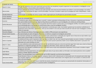 Maputo Conference
Cristóvão dos Santos
Daniel A. Cossa
Este tipo de conferências são muito importantes pois permitem aos estudantes em geral a exporemer os seus projectos e investigação na area
cientifica. Peritem a troca de ideias entre estudantes e docentes
Dercio Carlos
Foi bom participar da (seminar) conferência pois pode aprender mais areas de varias tematicas que orbitam a area da tecnologia e isso estimu-
lou ainda mais o meu desejo de seguir a area da tecnologia. E de louvar a iniciative e espero que se propague por todo o Moçambique e todos
osano
Diosdilio Malamule Uniformização na classifição dos temas e propor melhor organização para classificação dos apresentados de poster
Ernesto Matabeia
Eugénio Matavol Gostei das actividades feitas
Eunencio
A conferência sobre ciência e tecnologia para o amanhã´: Acelerar aspirações de Moçambique foi boa, intressante e importante pois forneceu
uma oportunidade excelente para que algumas Moçambicanos partilhassem as suas investigações com intelectuais de Moçambique
Evelina Macuacua
O meu cometario sobre o congresso foi de uma grande valio froma inspirar os jovens para a sua investigação cientifica. Os oradores poderam dar
a sua contribuição para o manutenção no conhecimento sobre a area da investigação cientifica.
Faustina Zacarias
No meu ponto de vista a conferencia foi muito importante e construtiva para o pais, mas tambem, gostaria que nas proximas conferências en-
quadressem temas relaciondas a geociencias, visito que esta tambem é uma area que ainda necessita de muita de muita investigação e conheci-
mento no nosso pais
Florentina Mabjaia Que o Ministerio da Ciênica e Tecnologia junto com a USAID e IFPRI promovam mais experiências
Gonçalo André Cassamo Boa apresentação por parte interagente influenciou na melhoria e prepção da investigação apresentada
Heloler Frouiso
Foi muito bom particpar da conferência pois lá aprendi muito conhecimento e motivação para orgredir mais no futuro de um pais melhor e que
desta modo eu posso atingir os minhas metas com o conhecimento por mim adquirado
Inácio A. Guambe
A conferência foi boa, porem importante referir que deve-se melhor mais, dar mais tempo de apresentações aos jovens cientistas. A conferência
deve ter mais de 1 dia para ser mais abrangente e que mais jovens possam apresentar, disstir os seus trabalhos desonvolver o que possa criar
relacioado com outros cientistas no remo
Itélia P. C. Gimo
Foi uma conferência muito estimulante para mim sem do sexo femenino pois pra o ano já sei qual área seguir bom neste caso, seriam as ãreas de
engenharia ou engenharia geologico de minas ou engenharia informatica. Gostei, espero que repitam mais vezes.
Ivan Lenoel
Duma ferma mais alfarabio a conferência de hoj e 13.05.2015 trenco muito recisa extemoente importante. É de se louver a inciativa e espero
parlagia por mais vezes
Isabel Mania
A conferênica foi boa proporcionou uma oportunidade p/se sales em que alunos estão e ser formado e seriu teseria p/ensinar como se podem
insipirar p/ atingir objectivo pretendido
João Manuel É pela 1º vez que participei numa conferência dar que fui dificil responder as primerias duas perguntas
João Zacaris Meleco
Sendo Ministerio Ciência e tecnologia organizer a pesquisa, deveria emitir creduciais para os interessados para uma pesquisa para existar algu-
mas situações negativas em certos pocais em que os estudantes haviam selecionados como elegiveis para os seus estudos e na ultima da hora
fizero uma outra pequisa
Lucas Franciso Melo
Esperando haver mais feiras como essa eu toda feliz de estudos pricipalmente com ocupresas ou apresentacões de estudantes interessados em
colaboração com os nossa trabalhos e se possivel existem investigadores.
 