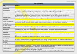 Maputo Conference
COMENTARIOS
NAME RESPOSTA
Adija Assane
Adriano Gabriel
Ahmed Abdirased
Acredito que a investigação é muito importante, e realmente motiva e inspira os Futuros investigadores. Acredito adicionalmente que os vence-
dores da conferência deveriam ter algum beneficio adicional, na forma de bolsas, estagios e oportunidades do género.
Alexandre Jeremias
Se os eventos similares continuassem, acredito que seria uma alavanca de motivação para os estudantes que apresentaram e para aqueles que
não apresentram para engrenarem nas áreas propostas de investigação científica. Tambem se o MCT junto com os parceiros abrissem uma bolsa
para ajudar os jovens estudantes que pretendem desenvolver ainda mais sua pesquisa mais que não têm fundos de implimentação
Alice Isaque Tembe
Achei importante a motivação que a MCT está a dar a mulher no ensino; como pesquisadores e cientista; Pois ainda há muito que aprender; que
lutara para o enquadramento desta no ensino superior e na sua profissionalização
Alipio Simao
Amarildo Samuel Manjate
Meu comentário é a agradecer a oportunidade de ser convidado para uma convivência entre jovens pela ciência. A iniciativa é boa e espero que
o ministério de ciências e Tecnologias continue apoiando essas iniciativas creio que colhera fruto ou bom produto neste sentido.
Ana Mutuce
Ana Raquel Machova
Baltazar Januário
Precisamos continaur a discutir a questão da organização da metodologia de investigação científica visto que o corpo jruado se punha contra os
ensinamentos por nós adquiridos na padronização.
Benigno Abrisio Gostei de participar, espero que se repitam mais conferências não só nesse tema; “Tecnologias e Ciência” mas sim noutras áreas.
Candida C. Magaia Foi um trabalho muito util e importante para comunidade estudantil investigadora e profissionais da agricultura e segurança alimentar.
Filipe Saloide
Constantino Jose
Foi bom ter como experiência saber das actividades ou objectivos que os jovens tem para o futuro do nosso pais. Gostei de estar cá para apren-
der.
Gracieta Chissico Promover mais oportunidades aos estudantes Moçambicanos de forma motivar mais.
Guilherme Rosa
Igor Miranela
Em forma de comentários gostaria que o tempo de apresentação por parte dos expositores fosse maior, para melhor percepção dos mesmos, e
que mais temas no ramo das engenharias fossem abordados com exemplo: Gás Natural
Jane Medja
Jaquelino Massinge
Joana Carlitos
O meu comentário sobre a conferência, 1º dizer que foi muito bom, deu para ganhar novas experiências de aréas relacionadas com geociências e
não só, devia organizar-se mais conferências de genéro para o desenvolvimento da própria ciência.
Judite Maria Raimelo
Estamos a necesitar de oportunidades de demostrar nossas capacidades na área de investigação e em especial interagirmos com nossos colegas
das muitas universidades e institutos superiores que o pais dispõe
Larcio Zacarias Acredito que eventos como esse devem continuar a ser realizados assim visa acelerar mais aspirações em Moçambique
 