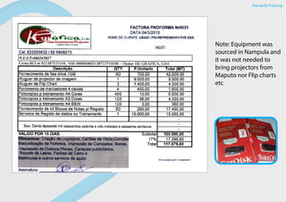 Note: Equipment was
sourced in Nampula and
it was not needed to
bring projectors from
Maputo nor Flip charts
etc
Nampula Training
 