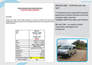 MINI BUS HIRE - 2 DAYS 9th and 10th
April
3 Companies were contacted to request
quotes but at Present Premier is the only
company with a mini bus
available: HERTZ has taken over Premier.
9th and 10th – car used to visited
universities and logistics for
conference
Nampula Training
 