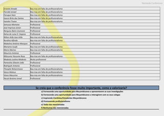 Nampula Conference
Ernesto Amade Boa mas em falta de profissionalismo
Farcida Ismael Boa mas em falta de profissionalismo
Faruque Hare Boa mas em falta de profissionalismo
Isaura Brito dos Santos Boa mas em falta de profissionalismo
Ivandra Tivane Boa mas em falta de profissionalismo
Jamusso Momane Profissional
José Imprissa Júnior Profissional
Narguiss Bairo Ussmone Profissional
Nelva de Luisa O. Sixpene Profissional
Nilton Arão Jose Arão Boa mas em falta de profissionalismo
Nurdina Alfredo Boa mas em falta de profissionalismo
Mabelina António Marques Profissional
Mariamo Issufo Boa mas em falta de profissionalismo
Mario Marino Boa mas em falta de profissionalismo
Maurício António Profissional
Mássumo Yassume Roza Boa mas em falta de profissionalismo
Modesto Justino Modesto Muito profissional
Pameshia Siliestre João Profissional
Rodriguês Antonio Profissional
Theopile Relizerimane Boa mas em falta de profissionalismo
Vasco Mateus Boa mas em falta de profissionalismo
Viano Macurine Boa mas em falta de profissionalismo
Yacub Ibraimo Ismail Profissional
Se creia que a conferéncia fosse muito importante, como a valorizaria?
a) Fornecendo uma oportunidade para Moçambicanos a apresentarem as suas investigações
b) Fornecendo uma oportunidade para Moçambicanos a interagirem com os seus colegas
c) Inspirando Cientistas/Estudantes Moçambicanos
d) Promovendo profissionalismo
e) Todas das mencionadas
f) Nenhumas das mencionadas
 