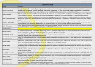 Nampula Conference
COMENTARIOS
NAME RESPOSTA
Afonso Fernando José
Em gesto de suguestão e recomendação e organizadores para os proximas ocasioes serem criteriosos e vigorsos na aprovação defeitos para apre-
sentação visito que algumas trabalhos carência de uma rigoroso enquadração. Em gesto de conclusão agradece e parabenizou o UniLurio pelo
programa e oportunidade quero que volta a reptir-se para os procissões cientistas a aprossameu a correinar de cientifica.
Ahmed Abdirasak
Primerio gostaria de eourar a indutiva, ele e penalmente util, tenho uma unives recomendável, acredito que a qualidiade do juro deve melhora, os
membros dos Juris devem se especiatistas nas area tematicas que asao a avaliar isso iria enriqueces a debate e a qualificação dos trabalhos.
Alima Adriano dos Santos
Neste caso durante esta apresentação de conferencia em Nampula, gostaria que inclui-se tambem a area de educação (area didactica) no que diz
respeito sera apartir dessa area em que vamos produzir a parte das ciências sim deixar a matematica e quimica para construção do novo conheci-
mento
Antonio F. Namagalima
Na minha opinião não tenho muitos comentarios mais estou grato pela troea de experiencias com algumas estudantes visito que com eles aprende
muito neste caso estou agradecido pela Ministerio da Ciência e Tecnologia por me ter convidado para estar nesta conferencia.
Atalia D. Mondlane
O meu agradecimento pela oportunidade esperar as proximas para divulgar as pesquisas que realizarei. Dizer ao Ministerio da Ciência e Tecnologia
que contiunar a formar esses cientistas em todo o pais, pois Moçambicamos precisamos
Benedito Carlito
Celesto Jemusse
Em primerio lugar agradecer a iniciativa do Ministerio da Ciência e Tecnologia, porém o tempo da capacitação em metodos cientificos foi muito
curato reflectindo-se em alguamas apresentações que forem na minha opiniao mal efctuadas
Crescêncio G. Artunes
A conferencia foi boa. Todavia ha um aspectos arfamizacional as proximas apresentações devem ser enviados com antecedência e reservado e
graneledas de modo a nao se perderam como desta vez
Domingos Adriano
Espero que eventos deste tipo sejam implemente dos em outras ocasiões pois estimulam o intresese e o gosto pela ciência em especial a pesquisa
cientifica
Ernesto Amade
O Ministerio da Ciência e Tecnologia podia apartir deste treinamento contiunar porque os problemas de Moçambique foi se pode ser ultrapassado
dentro de nós criando mecanismos de como transformar os problemas em actividades concretar
Farcida Ismael
As apresentações não superaram o que foram as minhas espectativas muito mais as das ciencias socias faltou muita compenamente espero que
nos proximas fases os trabalhos antes de serem apresentados sejam revisados e aporvados e que nao terminem por aqui, que levam os concursos
além fronteiras
Faruque Hare
Estão de parabens, contuedo aspectos organizacionais a melhor e deve-se fazer uma analise dos trabalhos por um corpo técnico qualificado antes
das apresentações plencia
Isaura Brito dos Santos
O juri tem que englobar pessoas formadas e especializadas na area em que se apresenta um dado trabalho porque se não, a qualificação pode não
ser justa
Ivandra Tivane
Penso que deve-se melhorar nos membros ou corpo do Juri poque notar que os jurados tambem não tem um conchecimento “suificientimente
bom” para fazer a avaliação dos trabalhos como deve ser
Jamusso Momane
Foi muito bom ter participado esta conferencia, visito que conhece muitas experiencias, muitos conhecimentos. Espero que se repita mais e dar
maior responsabildade aos nossos docentes no serviços do trabalhos
José Imprissa Júnior
Quero antes agradecer a Deus pela oportunidade e agradecer tambem a inicia do Ministerio em parceria co USAID. Que este iniciativa não acaber
por aqui e que se esepanda por todo o Pais foram boas. Algumas apresentações e mostraram ser bons.
 