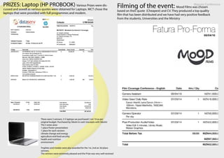 Maputo ConferencePRIZES: Laptop (HP PROBOOK) Various Prizes were dis-
cussed and aswell as various quotes were obtained for Laptops. MCT chose the
laptops that were provided with full programmes and modem.
Filming of the event: Mood Films was chosen
based on their quote (Cheapest) and CV. They produced a top quality
film that has been distributed and we have had very positive feedback
from the students, Universities and the Ministry
There were 5 winners, 5 5 laptops we purchased ( not 10 as per
original budget. Purchased by Sileshi in cash )(receipts with Sileshi)
The 5 areas area:-
1 place Poster presentation
1 place for each session:
climate change and energy
agriculture and food security
health and nutrition
environment
Trophies and medals were also awarded for the 1st, 2nd an 3d place
winners.
The winners were extremely pleased and the Prize was very well received
 