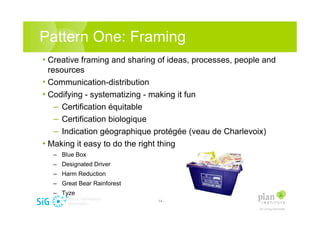 Pattern One: Framing
? Creative framing and sharing of ideas, processes, people and
  resources
? Communication-distribution
? Codifying - systematizing - making it fun
    C Certification quitable
    C Certification biologique
    C Indication gographique protge (veau de Charlevoix)
? Making it easy to do the right thing
  C Blue Box
  C Designated Driver
  C Harm Reduction
  C Great Bear Rainforest
  C Tyze
                              - 14 -
 