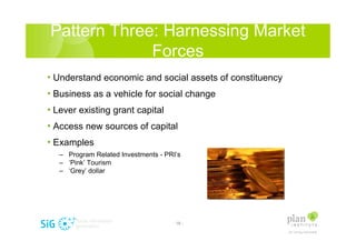 Pattern Three: Harnessing Market
             Forces
? Understand economic and social assets of constituency
? Business as a vehicle for social change
? Lever existing grant capital
? Access new sources of capital
? Examples
   C Program Related Investments - PRIs
   C Pink Tourism
   C Grey dollar




                                     - 18 -
 