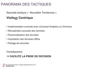 Seconde tactique « Nouvelles Tendances » 
Visiteur Centrique 
• Implémentation avancée avec Universal Analytics ou Omniture 
• Récupération poussée des données 
• Personnalisation des données 
• Importation des données offline 
• Partage les données 
Conséquence 
 FACILITE LA PRISE DE DECISION 
PANORAMA DES TACTIQUES 
 
