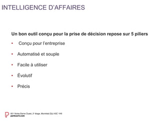 Un bon outil conçu pour la prise de décision repose sur 5 piliers 
• Conçu pour l’entreprise 
• Automatisé et souple 
• Facile à utiliser 
• Évolutif 
• Précis 
INTELLIGENCE D’AFFAIRES 
 