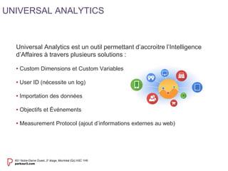 Universal Analytics est un outil permettant d’accroitre l’Intelligence 
d’Affaires à travers plusieurs solutions : 
• Custom Dimensions et Custom Variables 
• User ID (nécessite un log) 
• Importation des données 
• Objectifs et Événements 
• Measurement Protocol (ajout d’informations externes au web) 
UNIVERSAL ANALYTICS 
 