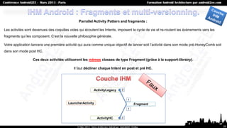 Parrallel Activity Pattern and fragments :

Les activités sont devenues des coquilles vides qui écoutent les Intents, imposent le cycle de vie et re-routent les évènements vers les
fragments qui les composent. C’est la nouvelle philosophie générale.

Votre application lancera une première activité qui aura comme unique objectif de lancer soit l’activité dans son mode pré-HoneyComb soit
dans son mode post HC.

                  Ces deux activités utiliseront les mêmes classes de type Fragment (grâce à la support-librairy).

                                             Il faut décliner chaque Intent en post et pré HC.




                                                         ActivityLegacy     0


                                                                                1
                                         LauncherActivity                           Fragment
                                                                                1


                                                            ActivityHC      0


                                                                                                                                            20
 