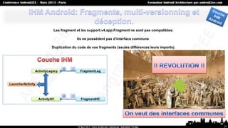 Les fragment et les support.v4.app.Fragment ne sont pas compatibles:

                                          Ils ne possèdent pas d’interface commune.

                           Duplication du code de vos fragments (seules différences leurs imports).




                                 0    1
               ActivityLegacy              FragmentLeg



LauncherActivity


                                 0    1
                   ActivityHC               FragmentHC




                                                                                                      21
 