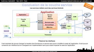 Les services métiers sont des services Android.



                           Application                                   Service                                                      Net
                                                                                                        Façade
                                                                         Métier                                   COM
                                                                                                         COM
                                                                         Android
                              Couche
                               IHM                        Façade
                                                          Service    ServiceLoader                                                     DB

                              MActivity                              ServiceHelper             Façade
     start                                                                                               DAO
                                                                       MService                 DAO
                                                                                                                                        FS
   Use or not


                                                                    Transverse
     Use




                                                          Préserver les interfaces
Il est important de pouvoir changer la manière dont fonctionne un service sans avoir à modifier le reste de l‘application. Il doit pouvoir
conserver son interface tout en changeant son implémentation sans pour autant impacter le reste de l’application.



                                                                                                                                             41
 