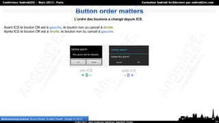 L’ordre des boutons a changé depuis ICS.

  Avant ICS le bouton OK est à gauche, le bouton non ou cancel à droite.
  Après ICS le bouton OK est à droite, le bouton non ou cancel à gauche.




Multiversioning Android, Bruno Oliveira & Adam Powell , Google I/O 2012
                                                                                                           64
 