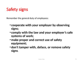 Graham Twiby 78
Safety signs
Remember the general duty of employees:
•cooperate with your employer by observing
signs;
•comply with the law and your employer’s safe
systems of work;
•make proper and correct use of safety
equipment;
•don’t tamper with, deface, or remove safety
signs.
 