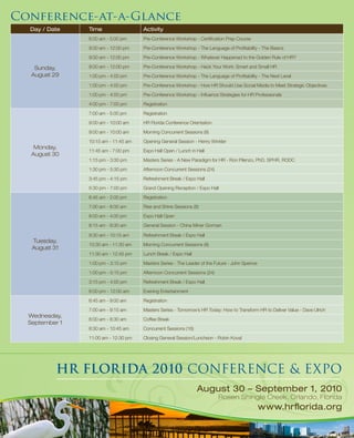 Conference-at-a-Glance
  Day / Date    Time                  Activity
                8:00 am - 5:00 pm     Pre-Conference Workshop - Certification Prep Course
                9:00 am - 12:00 pm    Pre-Conference Workshop - The Language of Profitability - The Basics
                9:00 am - 12:00 pm    Pre-Conference Workshop - Whatever Happened to the Golden Rule of HR?

    Sunday,     9:00 am - 12:00 pm    Pre-Conference Workshop - Hack Your Work: Smart and Small HR
   August 29    1:00 pm - 4:00 pm     Pre-Conference Workshop - The Language of Profitability - The Next Level
                1:00 pm - 4:00 pm     Pre-Conference Workshop - How HR Should Use Social Media to Meet Strategic Objectives
                1:00 pm - 4:00 pm     Pre-Conference Workshop - Influence Strategies for HR Professionals
                4:00 pm - 7:00 pm     Registration
                7:00 am - 5:00 pm     Registration
                9:00 am - 10:00 am    HR Florida Conference Orientation
                9:00 am - 10:00 am    Morning Concurrent Sessions (8)
                10:15 am - 11:45 am   Opening General Session - Henry Winkler
    Monday,
                11:45 am - 7:00 pm    Expo Hall Open / Lunch in Hall
   August 30
                1:15 pm - 3:30 pm     Masters Series - A New Paradigm for HR - Ron Pilenzo, PhD, SPHR, RODC
                1:30 pm - 5:30 pm     Afternoon Concurrent Sessions (24)
                3:45 pm - 4:15 pm     Refreshment Break / Expo Hall
                5:30 pm - 7:00 pm     Grand Opening Reception / Expo Hall
                6:45 am - 2:00 pm     Registration
                7:00 am - 8:00 am     Rise and Shine Sessions (8)
                8:00 am - 4:00 pm     Expo Hall Open
                8:15 am - 9:30 am     General Session - China Miner Gorman

                9:30 am - 10:15 am    Refreshment Break / Expo Hall
   Tuesday,
                10:30 am - 11:30 am   Morning Concurrent Sessions (8)
   August 31
                11:30 am - 12:45 pm   Lunch Break / Expo Hall
                1:00 pm - 3:15 pm     Masters Series - The Leader of the Future - John Spence
                1:00 pm - 5:15 pm     Afternoon Concurrent Sessions (24)
                3:15 pm - 4:00 pm     Refreshment Break / Expo Hall
                8:00 pm - 12:00 am    Evening Entertainment
                6:45 am - 9:00 am     Registration
                7:00 am - 9:15 am     Masters Series - Tomorrow’s HR Today: How to Transform HR to Deliver Value - Dave Ulrich
  Wednesday,
                8:00 am - 8:30 am     Coffee Break
  September 1
                8:30 am - 10:45 am    Concurrent Sessions (16)
                11:00 am - 12:30 pm   Closing General Session/Luncheon - Robin Koval




           HR FLORIDA 2010 CONFERENCE & EXPO
                                                                 August 30 – September 1, 2010
                                                                           Rosen Shingle Creek, Orlando, Florida
                                                                                                www.hrflorida.org
 
