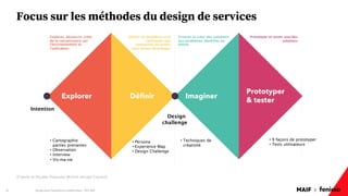 MAIF x
Focus sur les méthodes du design de services
Design pour l'expérience collaborateur - REX Maif
18
Intention
Design
challenge
Explorer, découvrir, créer
de la connaissance sur
l’environnement et
l’utilisateur
Définir un problème et le
confronter aux
contraintes du projet
pour mieux développer
Trouver et créer des solutions
aux problèmes identifiés en
amont
Prototyper et tester une/des
solutions
Explorer Définir Imaginer
Prototyper
& tester
D’après le Double Diamond (British Design Council)
• Cartographie
parties prenantes
• Observation
• Interview
• Vis-ma-vie
• Persona
• Experience Map
• Design Challenge
• Techniques de
créativité
• 9 façons de prototyper
• Tests utilisateurs
 