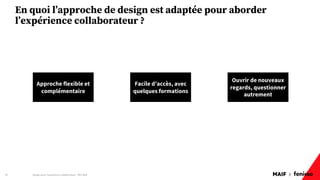 MAIF x
En quoi l’approche de design est adaptée pour aborder
l’expérience collaborateur ?
Design pour l'expérience collaborateur - REX Maif
39
Approche flexible et
complémentaire
Facile d’accès, avec
quelques formations
Ouvrir de nouveaux
regards, questionner
autrement
 