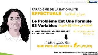 5
PARADIGME DE LA RATIONALITÉ
EFFECTUALE
Le Problème Est Une Formule
03 Variables
V1 : QUI SUIS JE? | V2: QUE SAIS JE?
V3: QUI JE CONNAIS?
QUE PUIS JE FAIRE? = f(V1,V2,V3)
ÊTRE UN ENTREPRENEUR – STARTUPPER EN ALGERIE :
QUEL CHALLENGE?
‫العقالنية‬ ‫نموذج‬
‫معادلة‬ ‫هي‬ ‫المشكلة‬03‫متغيرات‬
V1: ‫من‬‫أنا‬‫؟‬ | V2: ‫ماذا‬‫أعرف‬‫؟‬
V3: ‫من‬‫أعرف‬‫؟‬
‫ماذا‬‫يمكنني‬‫أن‬‫أفعل‬‫؟‬
Par KARIM BROURI, Eng – DBA | CEO BRENCO 2019
 
