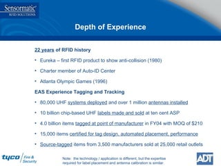 Depth of Experience 22 years  of RFID history Eureka – first RFID product to show anti-collision (1980) Charter member of Auto-ID Center Atlanta Olympic Games (1996) EAS Experience Tagging and Tracking 80,000 UHF  systems deployed  and over 1 million  antennas installed 10 billion chip-based UHF  labels made and sold  at ten cent ASP 4.0 billion items  tagged at point of manufacturer  in FY04 with MOQ of $210 15,000 items  certified for tag design, automated placement, performance Source-tagged  items from 3,500 manufacturers sold at 25,000 retail outlets Note:  the technology / application is different, but the expertise required for label placement and antenna calibration is similar. 