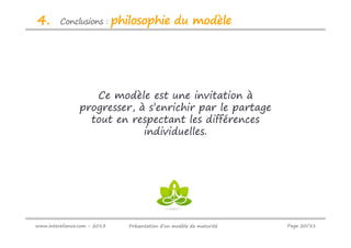 4.       Conclusions :        philosophie du modèle




                   Ce modèle est une invitation à
                progresser, à s’enrichir par le partage
                  tout en respectant les différences
                             individuelles.




www.intereliance.com - 2013      Présentation d’un modèle de maturité   Page 20/21
 