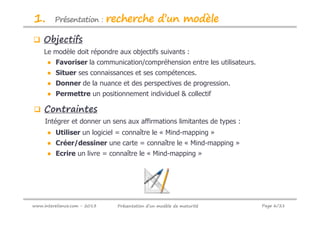 1.       Présentation :       recherche d’un modèle
    Objectifs
    Le modèle doit répondre aux objectifs suivants :
      ● Favoriser la communication/compréhension entre les utilisateurs.
      ● Situer ses connaissances et ses compétences.
      ● Donner de la nuance et des perspectives de progression.
      ● Permettre un positionnement individuel & collectif

    Contraintes
     Intégrer et donner un sens aux affirmations limitantes de types :
      ● Utiliser un logiciel = connaître le « Mind-mapping »
      ● Créer/dessiner une carte = connaître le « Mind-mapping »
      ● Ecrire un livre = connaître le « Mind-mapping »




www.intereliance.com - 2013     Présentation d’un modèle de maturité       Page 6/21
 