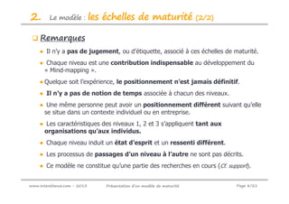 2.       Le modèle :          les échelles de maturité                   (2/2)


     Remarques
    ● Il n’y a pas de jugement, ou d’étiquette, associé à ces échelles de maturité.
    ● Chaque niveau est une contribution indispensable au développement du
     « Mind-mapping ».
    ● Quelque soit l’expérience, le positionnement n’est jamais définitif.
    ● Il n’y a pas de notion de temps associée à chacun des niveaux.
    ● Une même personne peut avoir un positionnement différent suivant qu’elle
     se situe dans un contexte individuel ou en entreprise.
    ● Les caractéristiques des niveaux 1, 2 et 3 s’appliquent tant aux
     organisations qu’aux individus.
    ● Chaque niveau induit un état d’esprit et un ressenti différent.
    ● Les processus de passages d’un niveau à l’autre ne sont pas décrits.
    ● Ce modèle ne constitue qu’une partie des recherches en cours (Cf. support).


www.intereliance.com - 2013       Présentation d’un modèle de maturité           Page 8/21
 