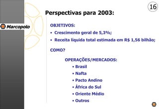 Perspectivas para 2003:
OBJETIVOS:
• Crescimento geral de 5,3%;
• Receita líquida total estimada em R$ 1,56 bilhão;
COMO?
OPERAÇÕES/MERCADOS:
• Brasil
• Nafta
• Pacto Andino
• África do Sul
• Oriente Médio
• Outros
16
 