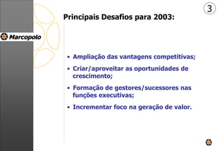 Principais Desafios para 2003:
• Ampliação das vantagens competitivas;
• Criar/aproveitar as oportunidades de
crescimento;
• Formação de gestores/sucessores nas
funções executivas;
• Incrementar foco na geração de valor.
3
 