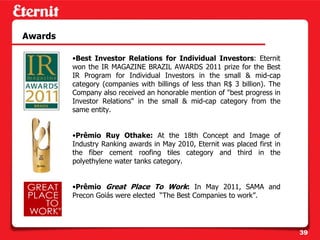 Awards

         •Best Investor Relations for Individual Investors: Eternit
         won the IR MAGAZINE BRAZIL AWARDS 2011 prize for the Best
         IR Program for Individual Investors in the small & mid-cap
         category (companies with billings of less than R$ 3 billion). The
         Company also received an honorable mention of "best progress in
         Investor Relations" in the small & mid-cap category from the
         same entity.


         •Prêmio Ruy Othake: At the 18th Concept and Image of
         Industry Ranking awards in May 2010, Eternit was placed first in
         the fiber cement roofing tiles category and third in the
         polyethylene water tanks category.


         •Prêmio Great Place To Work: In May 2011, SAMA and
         Precon Goiás were elected “The Best Companies to work”.




                                                                             39
 