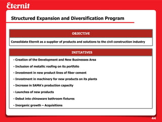 Structured Expansion and Diversification Program


                                           OBJECTIVE

Consolidate Eternit as a supplier of products and solutions to the civil construction industry


                                           INITIATIVES

 - Creation of the Development and New Businesses Area

 - Inclusion of metallic roofing on its portfolio

 - Investment in new product lines of fiber cement

 - Investment in machinery for new products on its plants

 - Increase in SAMA’s production capacity

 - Launches of new products

 - Debut into chinaware bathroom fixtures

 - Inorganic growth – Acquisitions



                                                                                                 44
 