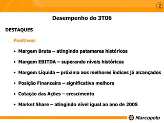 DESTAQUES
Positivos:
• Margem Bruta – atingindo patamares históricos
• Margem EBITDA – superando níveis históricos
• Margem Líquida – próxima aos melhores índices já alcançados
• Posição Financeira – significativa melhora
• Cotação das Ações – crescimento
• Market Share – atingindo nível igual ao ano de 2005
Desempenho do 3T06
2
 
