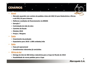 CENÁRIOS

•   Brasil
    – Mercado aquecido com carteira de pedidos cheia até JAN/10 para Rodoviários e Micros
      e até FEV/10 para Urbanos
    – Melhores condições de financiamento via BNDES
    – Geração 7
    – Contratação de mão de obra
    – Caminho da Escola
    – Eleições 2010
    – Preços / Margens
•   Índia
    – Crescimento da produção
    – Expectativa para 2010: 1.000 unidades/mês
•   Egito
    – Fase pré-operacional
    – Investimentos relevantes já concluídos
•   África do Sul
    – Entrega do lote de 460 ônibus rodoviários para a Copa do Mundo de 2010
    – Possibilidade de novos pedidos para a Copa
                                                                                            6
 
