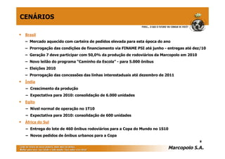 CENÁRIOS

• Brasil
   – Mercado aquecido com carteira de pedidos elevada para esta época do ano
   – Prorrogação das condições de financiamento via FINAME PSI até junho - entregas até dez/10
   – Geração 7 deve participar com 50,0% da produção de rodoviários da Marcopolo em 2010
   – Novo leilão do programa “Caminho da Escola” - para 5.000 ônibus
   – Eleições 2010
   – Prorrogação das concessões das linhas interestaduais até dezembro de 2011
• Índia
   – Crescimento da produção
   – Expectativa para 2010: consolidação de 6.000 unidades
• Egito
   – Nível normal de operação no 1T10
   – Expectativa para 2010: consolidação de 600 unidades
• África do Sul
   – Entrega do lote de 460 ônibus rodoviários para a Copa do Mundo no 1S10
   – Novos pedidos de ônibus urbanos para a Copa
                                                                                           8
 