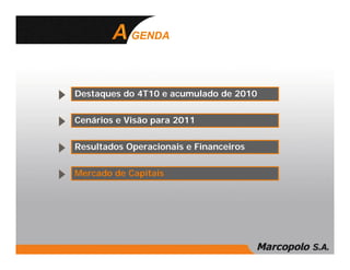 GENDA




Destaques do 4T10 e acumulado de 2010


Cenários e Visão para 2011


Resultados Operacionais e Financeiros


Mercado de Capitais
 