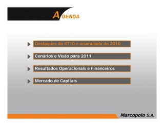 GENDA




Destaques do 4T10 e acumulado de 2010


Cenários e Visão para 2011


Resultados Operacionais e Financeiros


Mercado de Capitais
 