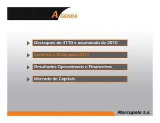 GENDA




Destaques do 4T10 e acumulado de 2010


Cenários e Visão para 2011


Resultados Operacionais e Financeiros


Mercado de Capitais
 