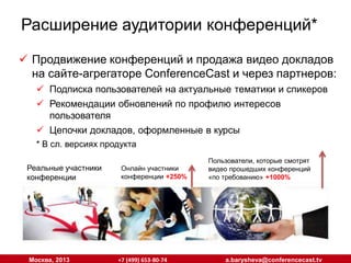 Расширение аудитории конференций*
 Продвижение конференций и продажа видео докладов
на сайте-агрегаторе ConferenceCast и через партнеров:
 Подписка пользователей на актуальные тематики и спикеров
 Рекомендации обновлений по профилю интересов
пользователя
 Цепочки докладов, оформленные в курсы
* В сл. версиях продукта
Реальные участники
конференции

Москва, 2013

Онлайн участники
конференции +250%

+7 (499) 653-80-74

Пользователи, которые смотрят
видео прошедших конференций
«по требованию» +1000%

a.barysheva@conferencecast.tv

 