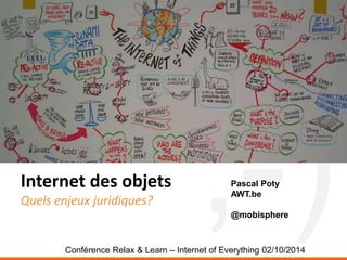 Internet des objets 
Quels enjeux juridiques? 
Pascal Poty 
AWT.be 
@mobisphere 
Conférence Relax & Learn – Internet of Everything 02/10/2014 
 