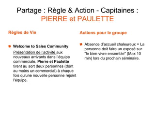 Partage : Règle & Action - Capitaines :
PIERRE et PAULETTE
Règles de Vie
Welcome to Sales Community
Présentation de l’activité aux
nouveaux arrivants dans l’équipe
commerciale. Pierre et Paulette
tirent au sort deux personnes (dont
au moins un commercial) à chaque
fois qu'une nouvelle personne rejoint
l'équipe.
Actions pour le groupe
Absence d’accueil chaleureux = La
personne doit faire un exposé sur
"le bien vivre ensemble" (Max 10
min) lors du prochain séminaire.
 