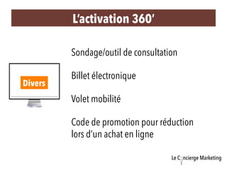 L’activation 360’ 
Sondage/outil de consultation 
Billet électronique 
Code de promotion pour réduction 
lors d’un achat e...