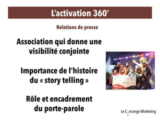 L’activation 360’ 
Relations de presse 
Association qui donne une 
visibilité conjointe 
Importance de l’histoire 
du « st...