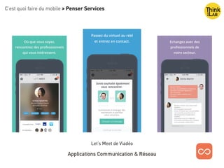 C’est quoi faire du mobile > Penser Services
Applications Communication & Réseau
Let’s Meet de Viadéo
 