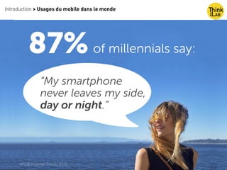 Introduction > Usages du mobile dans le monde
of millennials say:87%
“My smartphone
never leaves my side,
day or night.”
KPCB Internet Trends 2015
 