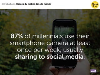 Introduction > Usages du mobile dans le monde
87% of millennials use their
smartphone camera at least
once per week, usually
sharing to social media.
 