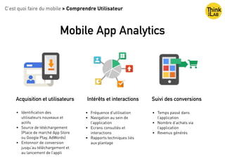 Mobile App Analytics
C’est quoi faire du mobile > Comprendre Utilisateur
• Identiﬁcation des
utilisateurs nouveaux et
actifs
• Source de téléchargement
(Place de marché App Store
ou Google Play, AdWords)
• Entonnoir de conversion
jusqu’au téléchargement et
au lancement de l’appli
Acquisition et utilisateurs
• Fréquence d’utilisation
• Navigation au sein de
l’application
• Ecrans consultés et
interactions
• Rapports techniques liés
aux plantage
Intérêts et interactions Suivi des conversions
• Temps passé dans
l’application
• Nombre d’achats via
l’application
• Revenus générés
 