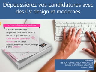 Dépoussiérez vos candidatures avec
des CV design et modernes
Conférence
LES RDV POUR L’EMPLOI D’ORLY PARIS
Conçue et animé...