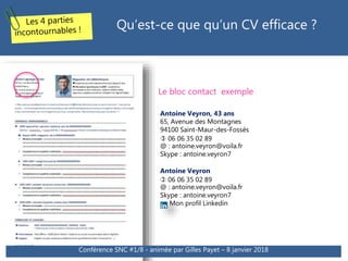 Le bloc contact exemple
Antoine Veyron, 43 ans
65, Avenue des Montagnes
94100 Saint-Maur-des-Fossés
 06 06 35 02 89
@ : antoine.veyron@voila.fr
Skype : antoine.veyron7
Qu’est-ce que qu’un CV efficace ?
Antoine Veyron
 06 06 35 02 89
@ : antoine.veyron@voila.fr
Skype : antoine.veyron7
Mon profil Linkedin
Conférence SNC #1/8 - animée par Gilles Payet – 8 janvier 2018
 