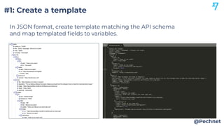 #1: Create a template
@Pechnet
In JSON format, create template matching the API schema
and map templated ﬁelds to variable...