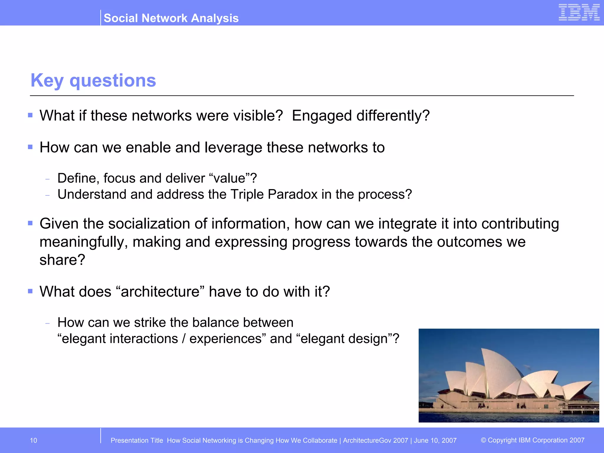Key questions What if these networks were visible?  Engaged differently? How can we enable and leverage these networks to  Define, focus and deliver “value”? Understand and address the Triple Paradox in the process? Given the socialization of information, how can we integrate it into contributing meaningfully, making and expressing progress towards the outcomes we share? What does “architecture” have to do with it?  How can we strike the balance between “elegant interactions / experiences” and “elegant design”? 