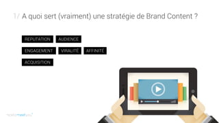A quoi sert (vraiment) une stratégie de Brand Content ?1/
VIRALITÉ AFFINITÉ
REPUTATION AUDIENCE
ACQUISITION
ENGAGEMENT
 